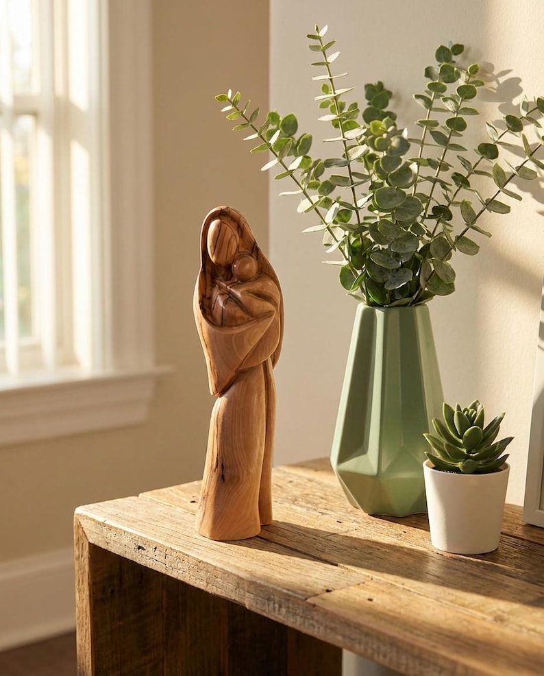 Hand-Carved Olive Wood Mother Mary and Baby Jesus Statue - Holy Land Art image 1