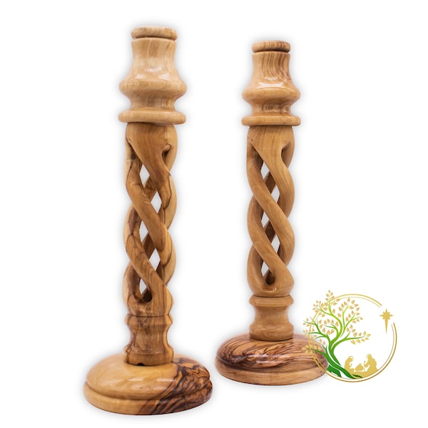 Bougeoirs creux en spirale en bois pour décoration de table | Chandeliers en bois | Lot de 2 bougeoirs en bois d'olivier de Terre Sainte