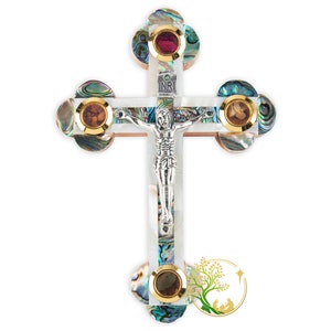 Holy Land Mother of Pearl Crucifix | Olive wood Holy wall cross with Four Relics