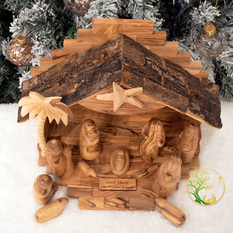 Large Wooden Nativity Set hand Carved Olivewood Music Box Etsy