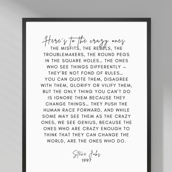 Citation de Steve Jobs, Voici pour les fous, Printable Wall Art, Téléchargement instantané Printable Typography Script Art 8x10 et 11x14 JPG/PDF