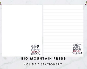 Puede incluir: Un bloc de notas blanco con líneas y un gráfico en negro y rojo que dice "a thrill of hope. the weary world rejoices". El bloc de notas es de Big Mountain Press y está etiquetado como "Holiday Stationery".