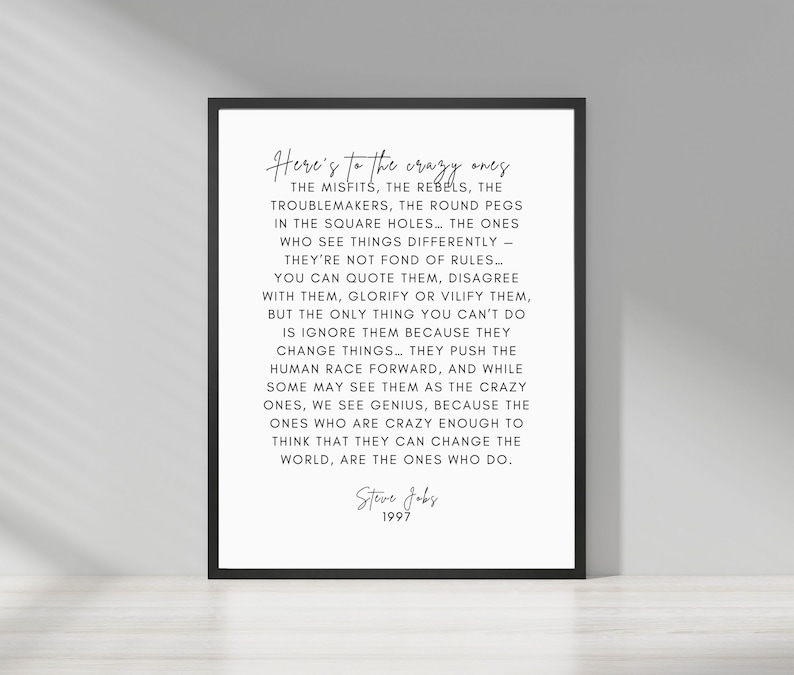Inspirational Steve Jobs Quote Wall Art - "Here's to the Crazy Ones" Printable - Motivational Office Decor - Digital Download 8x10 11x14 PDF image 1