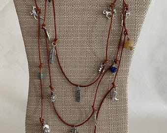 Handcrafted Unique Triple Strand Beaded Leather Cord Necklace