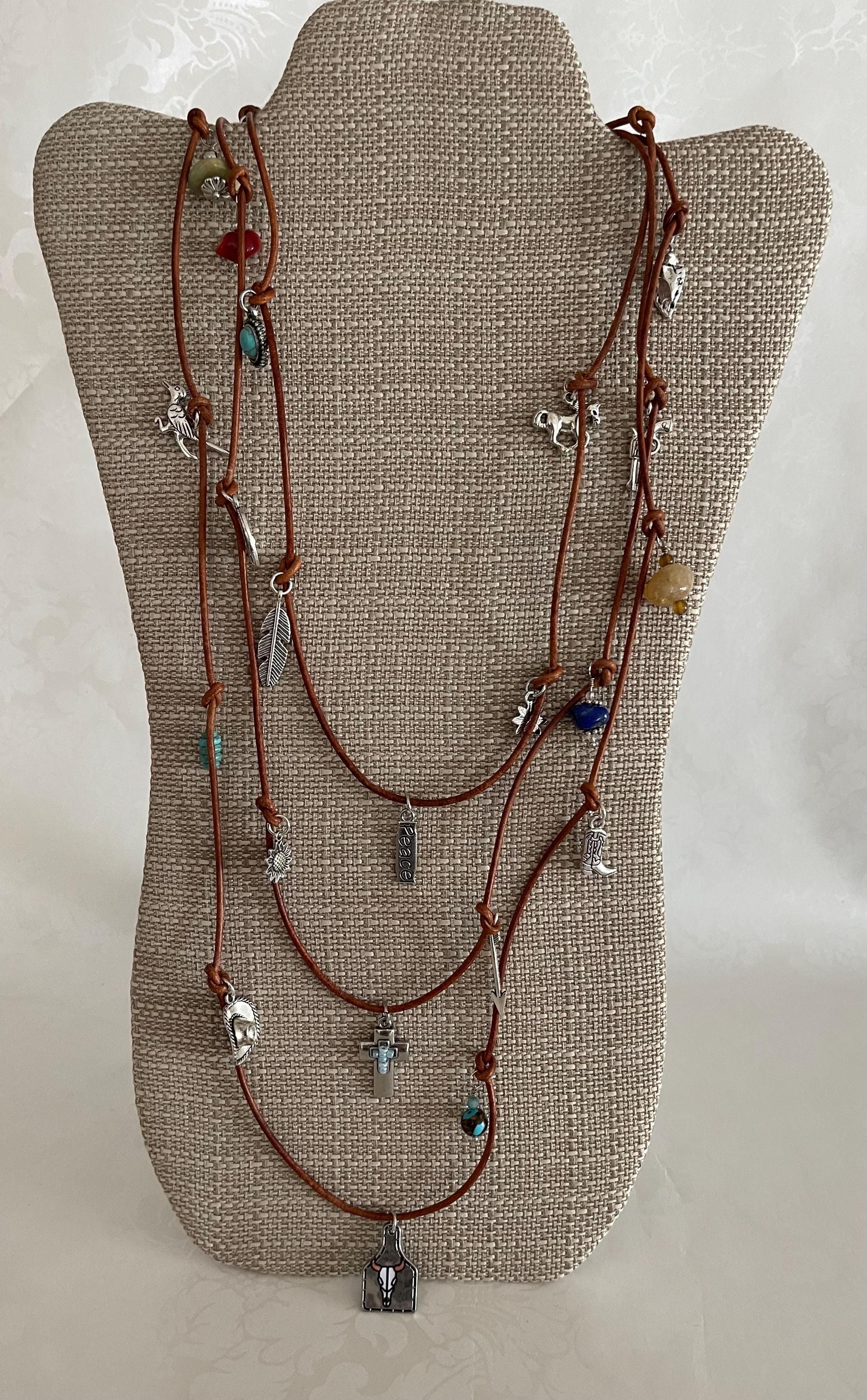 Handcrafted Unique Triple Strand Beaded Leather Cord Necklace