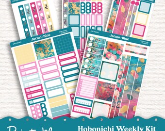 Op de afbeelding: Printbare Hobonichi Weekly Kit-stickers voor de A5 Cousin en Weeks-planner. De stickers hebben een turquoise, roze en gouden kleurenschema met bloem- en geometrische ontwerpen. De stickers omvatten vakjes, banners en weekdaglabels.