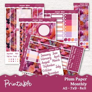 May include: A collection of printable planner stickers with floral and butterfly designs in shades of pink, orange, and purple. Includes monthly calendars, labels, and decorative elements. The text "Printable" and "Plum Paper Monthly" are visible.