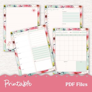 May include: Printable floral themed daily, weekly, and monthly planner pages. The pages have a light green background with pink floral accents. The text "daily planner", "weekly planner", and "monthly planner" is written at the top of each page.