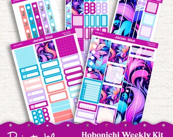 Op de afbeelding: Printbare Hobonichi Weekly Kit-stickers voor de A5 Cousin- en Weeks-planner. De stickers hebben een kleurrijk abstract ontwerp met swirls in roze, paars, blauw en turquoise. De set bevat een verscheidenheid aan maten en vormen stickers, waaronder vakjes, cirkels en banners.