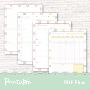 May include: Printable planner pages with a watercolor design. The pages include a daily, weekly, and monthly planner. The pages are in pink, yellow, and green.