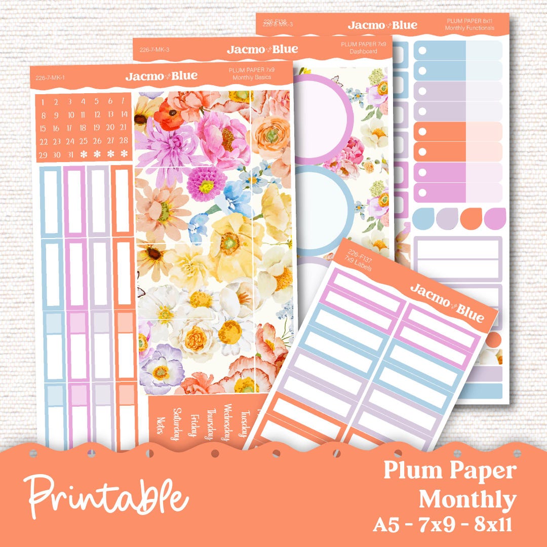 Summer Floral Plum Paper Planner Printable Monthly Stickers 8x11 7x9 A5 ...