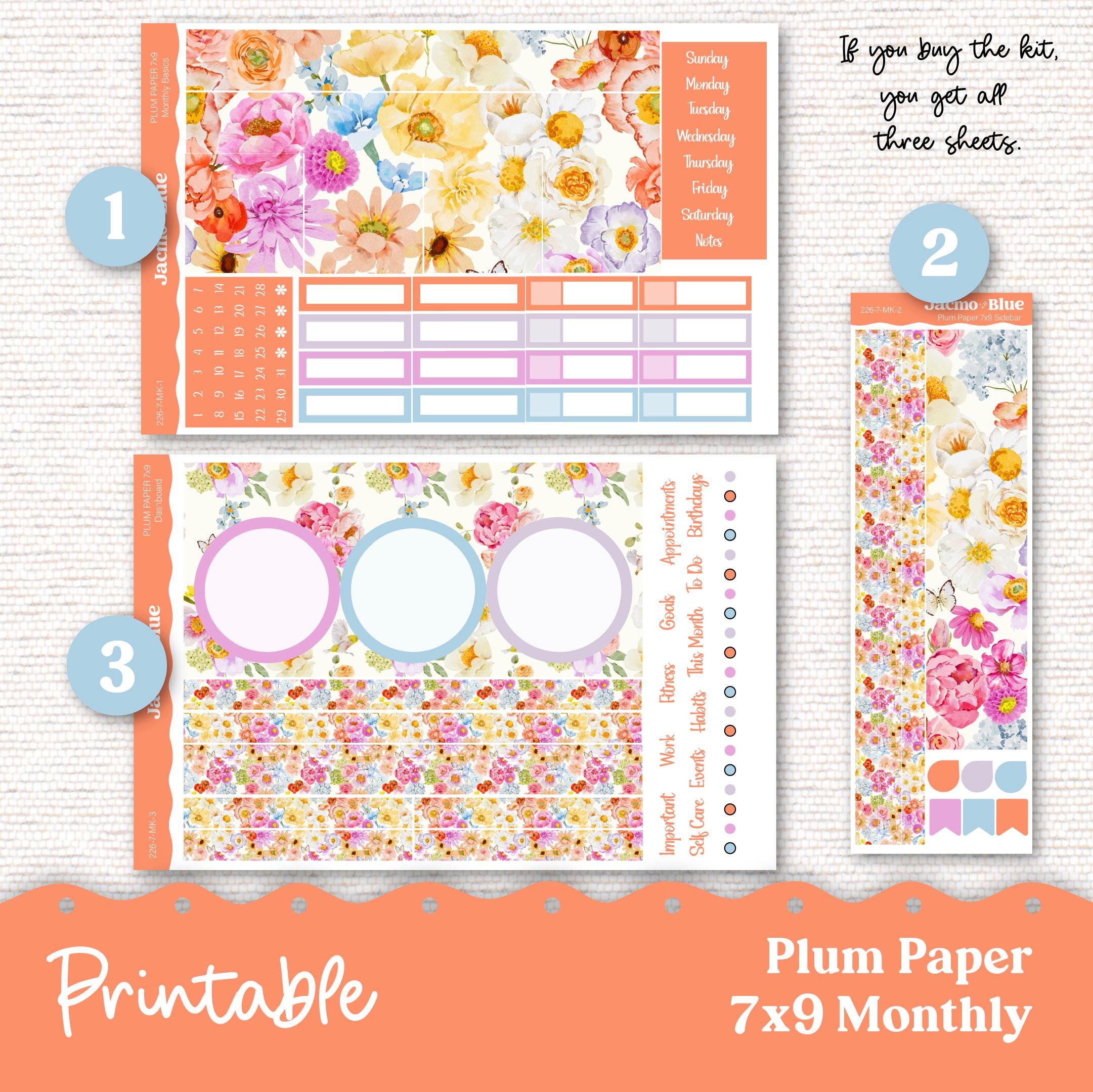 Summer Floral Plum Paper Planner Printable Monthly Stickers 8x11 7x9 A5 ...