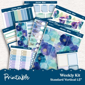 May include: Printable planner stickers with a blue floral design. The stickers include weekly boxes, full boxes, date covers, and a variety of other planner accessories. The stickers are designed for use with a 1.5 inch vertical planner.