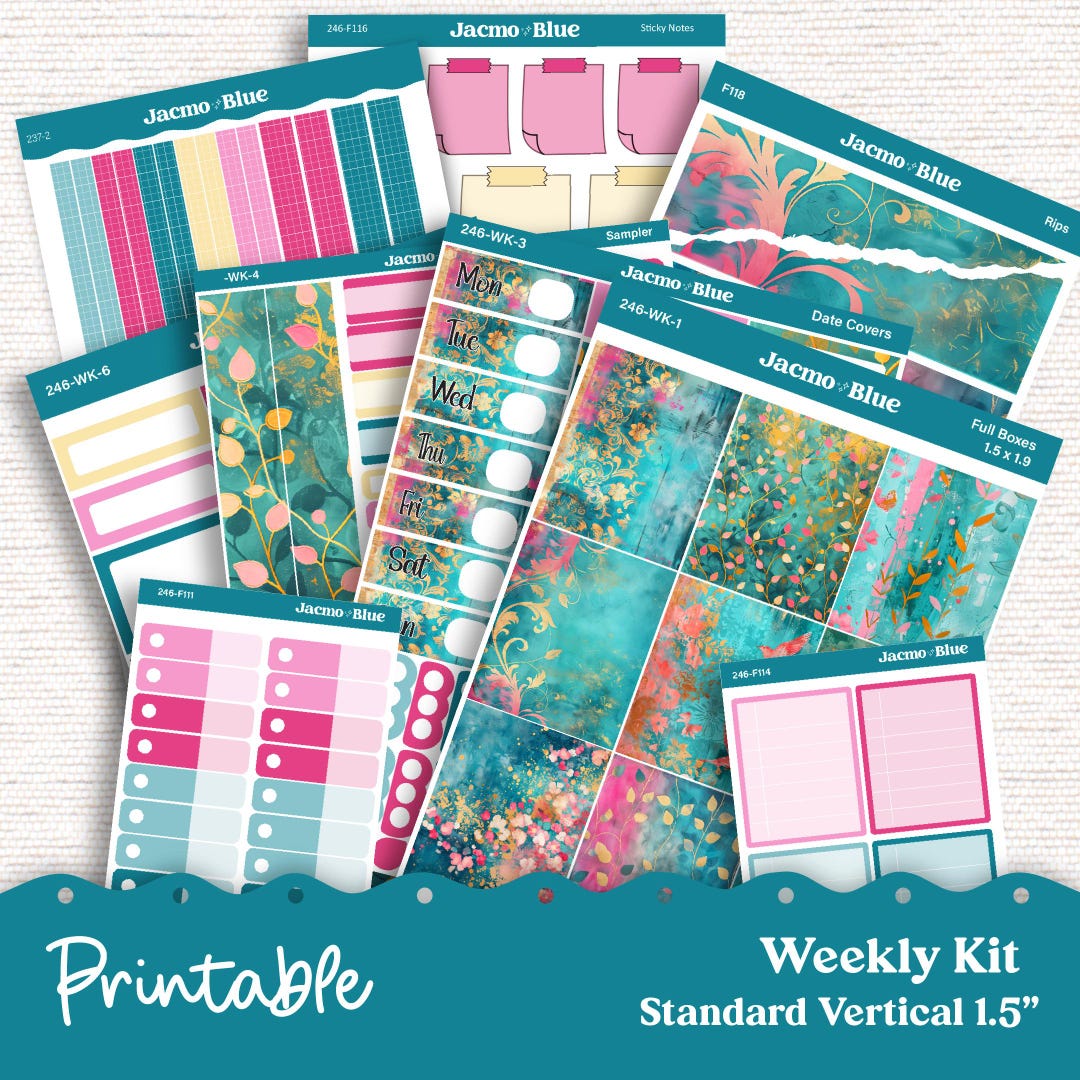 246P Pink Teal PRINTABLE Standard Weekly Sticker Kit Vertical Planner ...