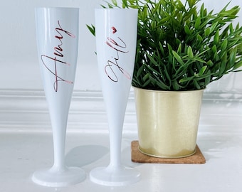 Personalized White Champagne Flutes: Biodegradable Hen Party Favors