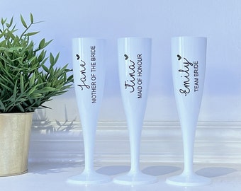 Champagne flutes, Personalised Plastic White Champagne glass,Biodegradable,Disposable,Great for Hen or Bridal Party and Bridesmaid Proposals