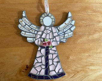 Handmade Ceramic Angel Mosaic, Wall Decor with Ribbon