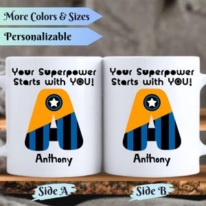 Taza de café personalizada con el alfabeto de superhéroes: taza con la inicial de un héroe de cómic, regalo de superpoderes para niños, taza con nombre de fantasía, regalo de superhéroe valiente