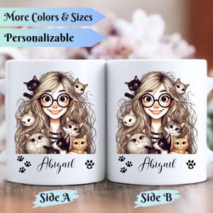 Personalized Crazy Cat Lady Coffee Mug – Funny Cat Lover Gift, Cat Mom Mug, Cute Girl Messy Hair Mug, Quirky Cat Woman Cup, Pet Owner Gift