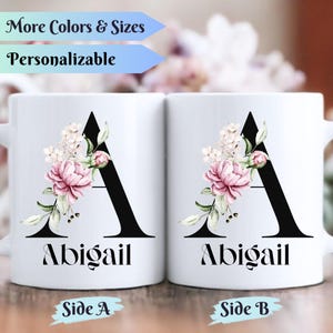 Personalized Watercolor Floral Alphabet Coffee Mug – Elegant Initial Cup, Flower Name Mug Gift for Her Mom Wife, Minimalist Nature Drinkware