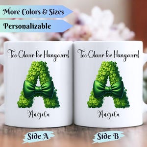 Caneca de café personalizada com o alfabeto de trevo – caneca com letras de fita verde, caneca de café fofa com trevo, presente de amuleto da sorte, caneca com nome botânico feminino