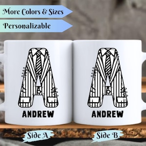 Taza de café personalizada con el alfabeto de Beetljuice: taza con nombre divertido y espeluznante, taza de película gótica, regalo de Halloween para él y ella, vasos con letras a rayas