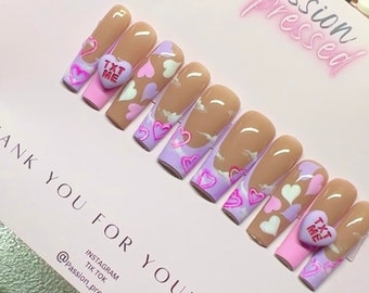 Sweetheart | Valentine’s Day nails |press  on nails |  passionpressedco |sweetheart nails | gift for her| custom nails| ready to ship sets