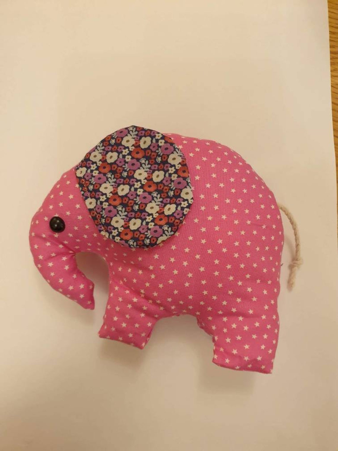 Large Handmade Fabric Elephant Decoration With Starry Hot Pink Pattern and Contrast Stitching