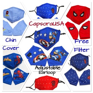 Superhero Kids mask cotton Face Masks W/ filter & Lanyard ReusableAdjustable earloop Chin CoverSpiderman Mask Captain America Mask image 1
