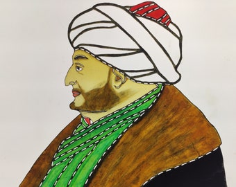 Ottoman Sultan II. Mehmet - Turkish Karagöz Shadow Theatre Puppet Style Chart from Cow Leather 32 cm x 32 cm