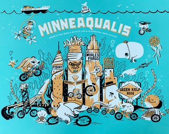 May include: A turquoise blue illustration of a city underwater with the text "Minneaqualis" and "Where a fish needs a bicycle like a Minnesotan needs hotdish". The illustration features buildings, fish, and bicycles.
