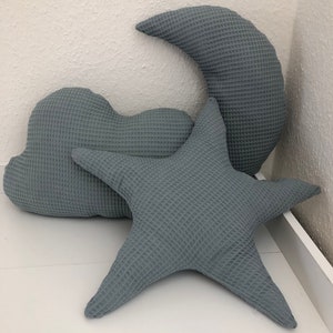 Könnte beinhalten: Drei weiche, plüschige Kissen in Form einer Wolke, eines Sterns und eines Halbmondes. Die Kissen sind alle hellblau und haben eine Waffelstruktur.
