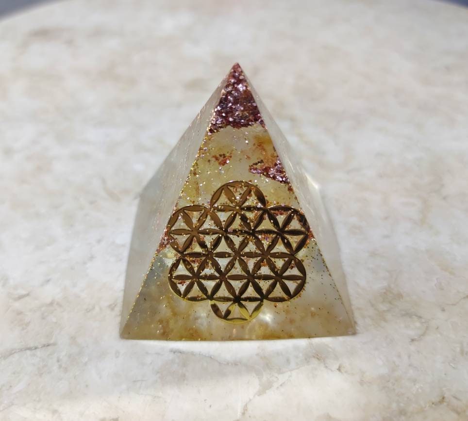 Healing Golden Flower Of Life Orgone Pyramid with Citrine | Etsy