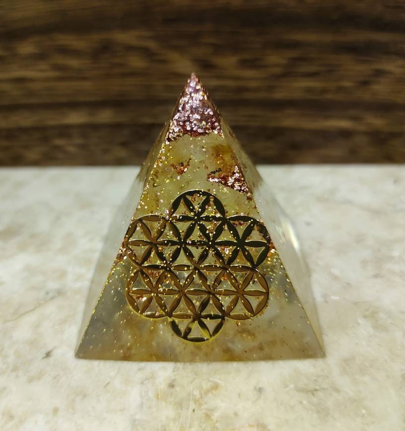 Healing Golden Flower Of Life Orgone Pyramid with Citrine | Etsy