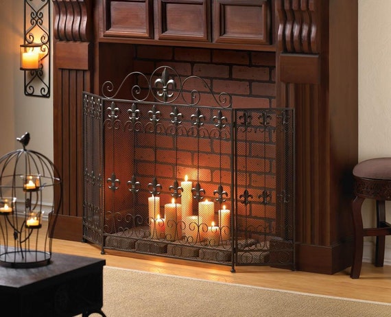 Black Iron and Metal Fleur De Lis Fireplace Screen Fire Livingroom Bedroom Decor for sale online