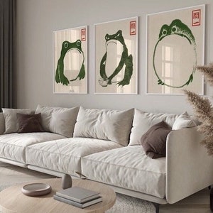 Arte de pared imprimible, conjunto de pared de galería de 3, arte de pared japonés ecléctico, impresiones de rana gruñona Matsumoto Hoji, descarga digital, arte japonés