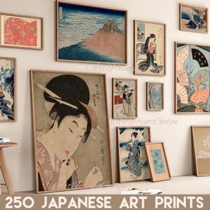 250 impressões de arte de parede japonesas para decoração de casa e escritório, pacote vintage de Japandi asiático para download instantâneo, pintura em aquarela de xilogravura Hokusai