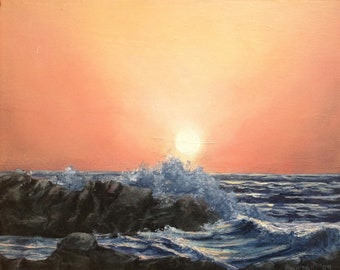 Art print, landscape art, print of original painting, wall art, fine art prints - 8x10inch, Sunset ocean painting, waves crashing painting