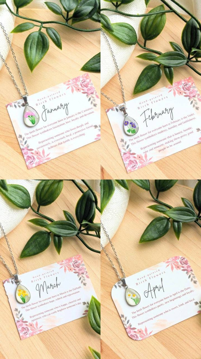 Birth Flower Mother Daughter Necklace Set, hand-painted birth month necklaces, dainty teardrop pendants, Mother's Day gift ideas PROMOTION image 5