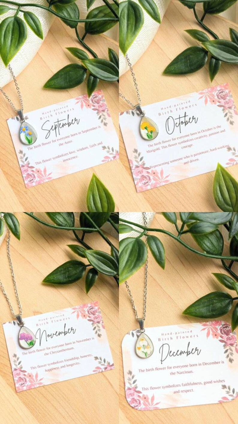 Birth Flower Mother Daughter Necklace Set, hand-painted birth month necklaces, dainty teardrop pendants, Mother's Day gift ideas PROMOTION image 7