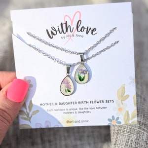 Birth Flower Mother Daughter Necklace Set, hand-painted birth month necklaces, dainty teardrop pendants, Mother's Day gift ideas PROMOTION image 4