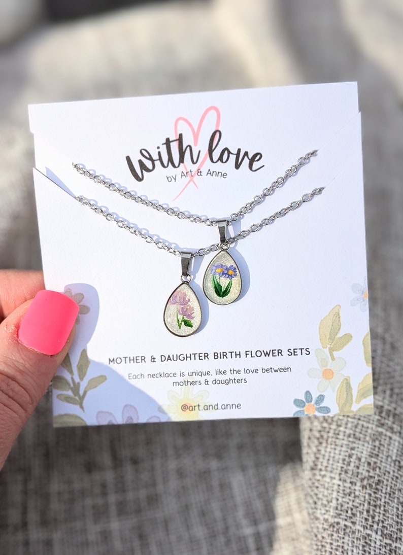 Birth Flower Mother Daughter Necklace Set, hand-painted birth month necklaces, dainty teardrop pendants, Mother's Day gift ideas PROMOTION image 4