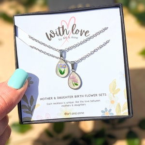 Birth Flower Mother Daughter Necklace Set, hand-painted birth month necklaces, dainty teardrop pendants, Mother's Day gift ideas PROMOTION image 1