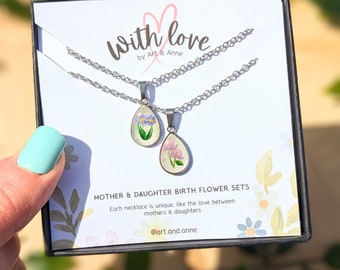 Birth Flower Mother Daughter Necklace Set, hand-painted birth month necklaces, dainty teardrop pendants, Mother's Day gift ideas - PROMOTION