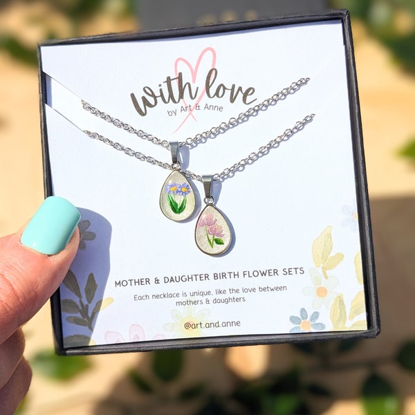 Birth Flower Mother Daughter Necklace Set, hand-painted birth month necklaces, dainty teardrop pendants, Mother's Day gift ideas - PROMOTION