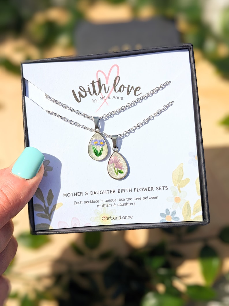 Birth Flower Mother Daughter Necklace Set, hand-painted birth month necklaces, dainty teardrop pendants, Mother's Day gift ideas PROMOTION image 1