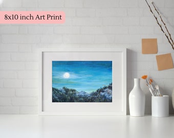 Art print, landscape art, print of original painting, wall art, fine art prints - 8x10inch, Full Moon night sky painting