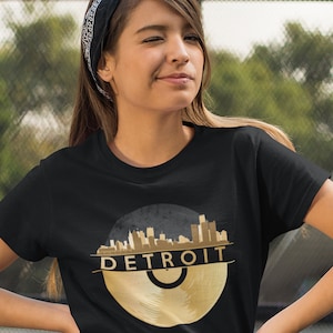 Detroit Skyline T-Shirt / Gold Record Vinyl LPs/45s Collector Tee