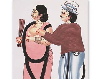 MAN & WOMAN KALIGHAT Painting Print - Folk Art Print, Wall Art Decor, Ethnic Prints, Vintage Poster