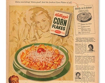 FOOD VINTAGE AD | Vintage Food Poster, Cornflakes Poster, Retro Vintage Ad, Kitchen Decor, Home Decor